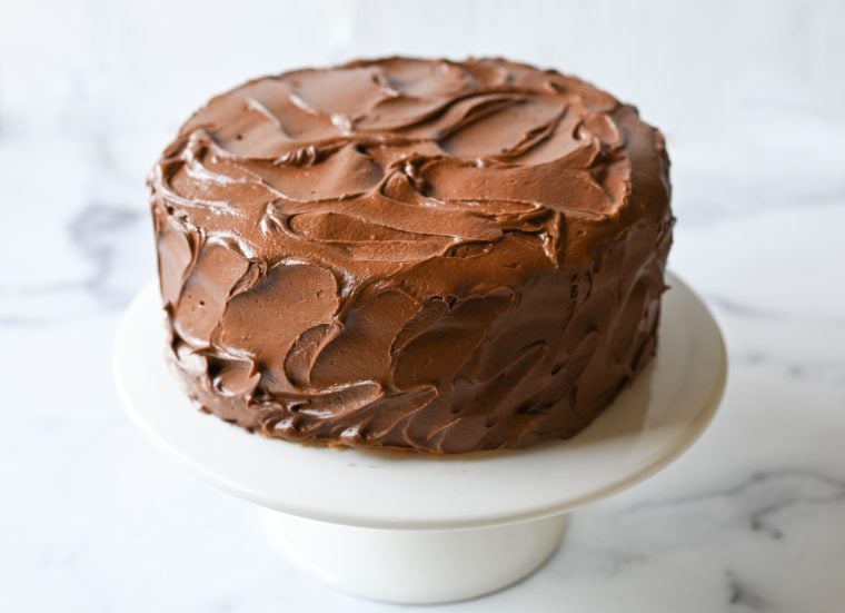 Yellow cake frosted with chocolate buttercream.