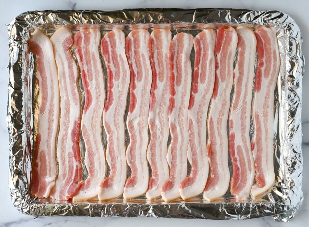 raw bacon on lined baking sheet