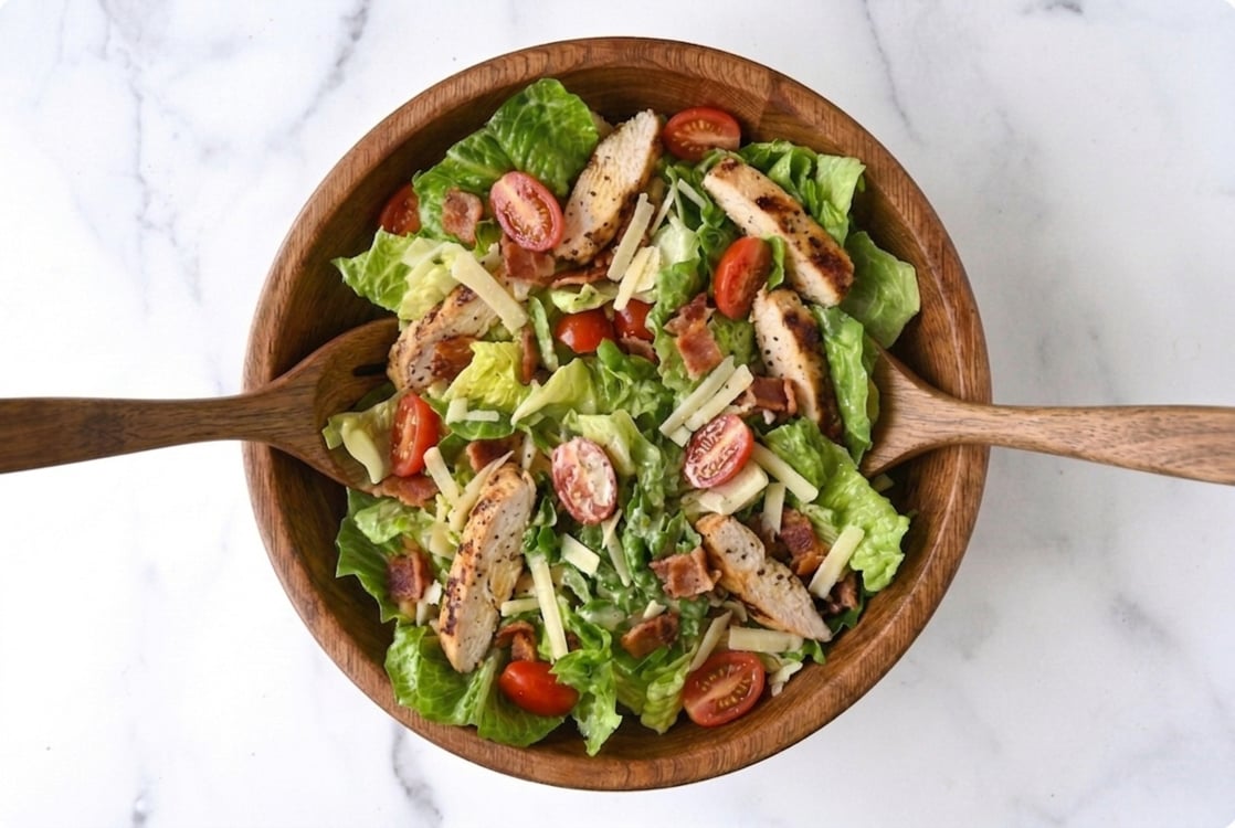 tossed BLT salad in wooden mixing bowl