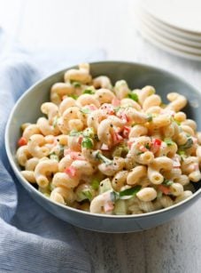 Bowl of macaroni salad.