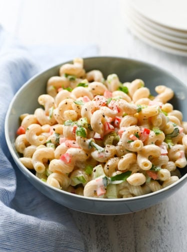 Bowl of macaroni salad.