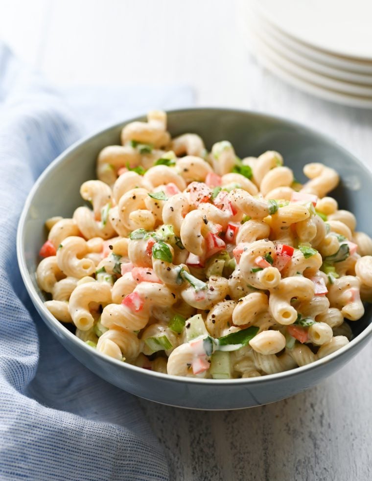 Bowl of macaroni salad.