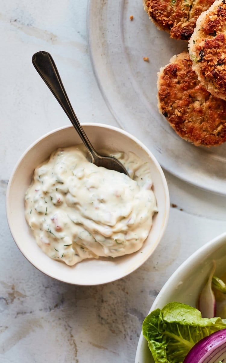 Spoon in a bowl of tartar sauce.
