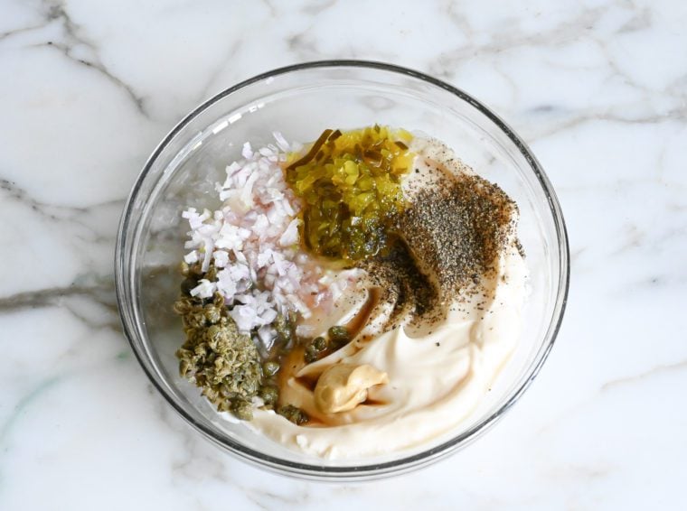 tartar sauce ingredients in mixing bowl