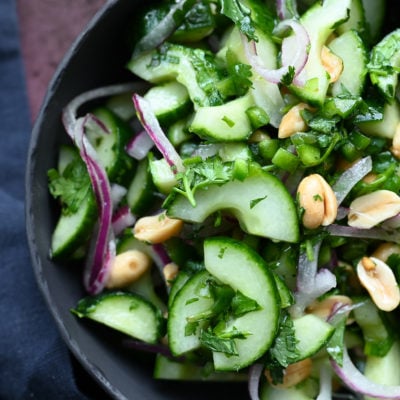 Thai cucumber salad with peanuts in a bowl.