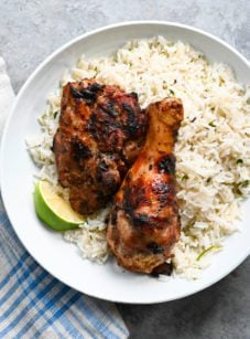Plate of Jamaican jerk chicken over rice.