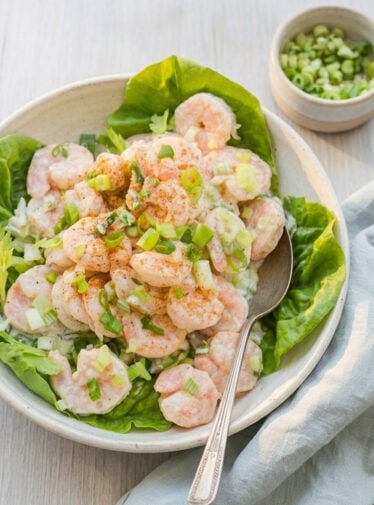 Shrimp salad in bowl with butter lettuce leaves.