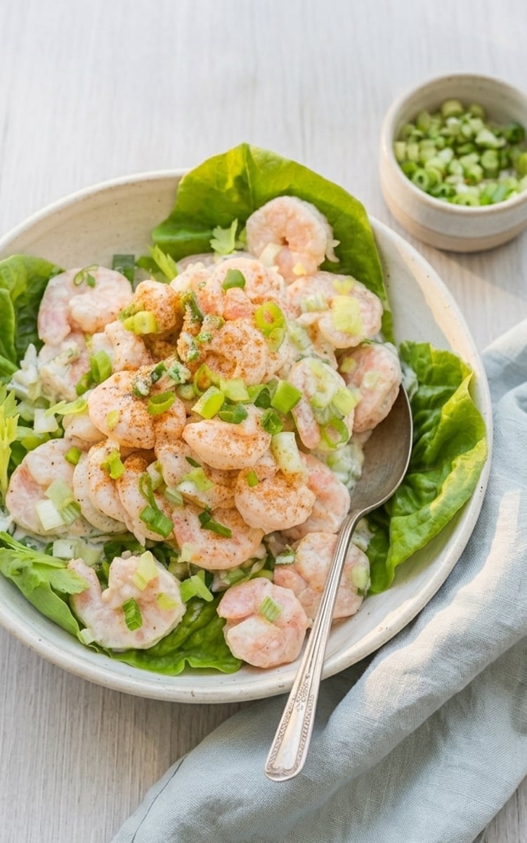 Shrimp salad in bowl with butter lettuce leaves.