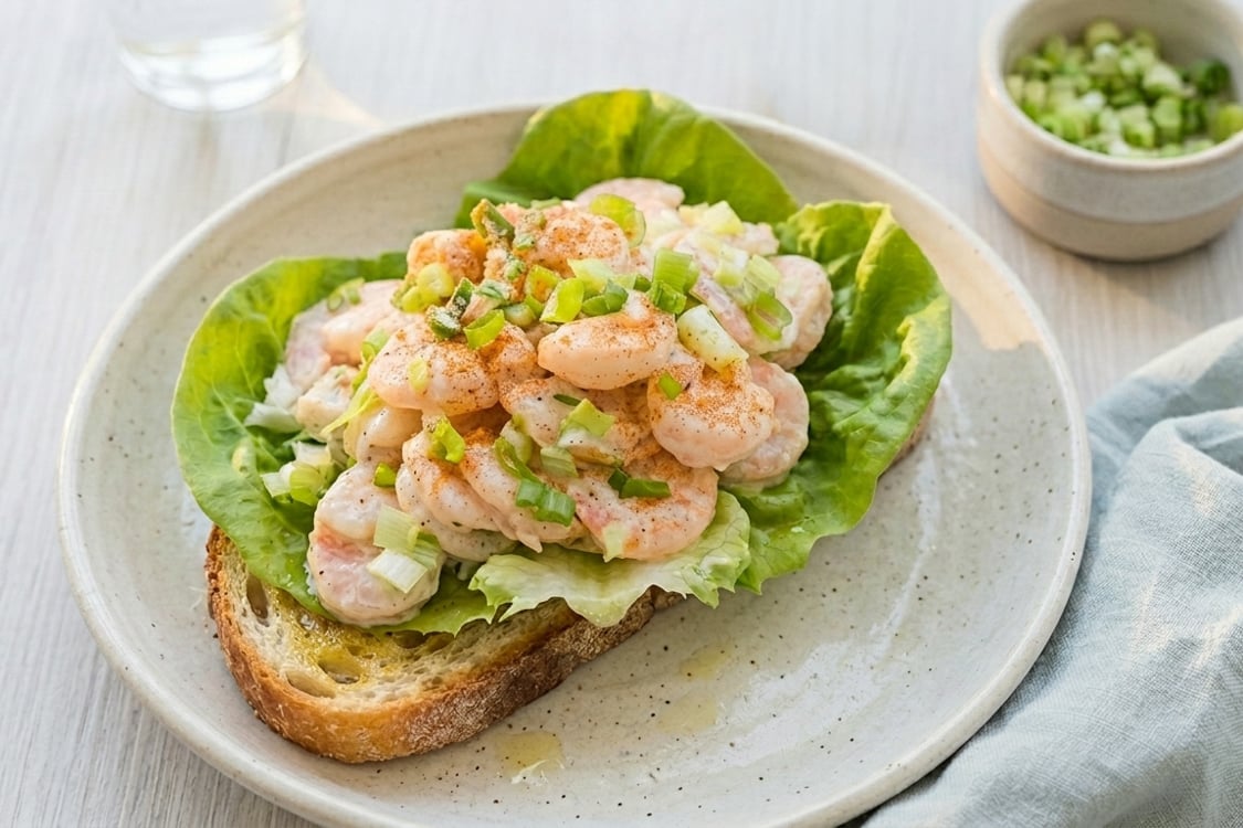 shrimp salad sandwich on plate