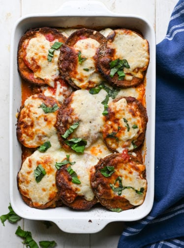 Eggplant parmesan in a baking pan.