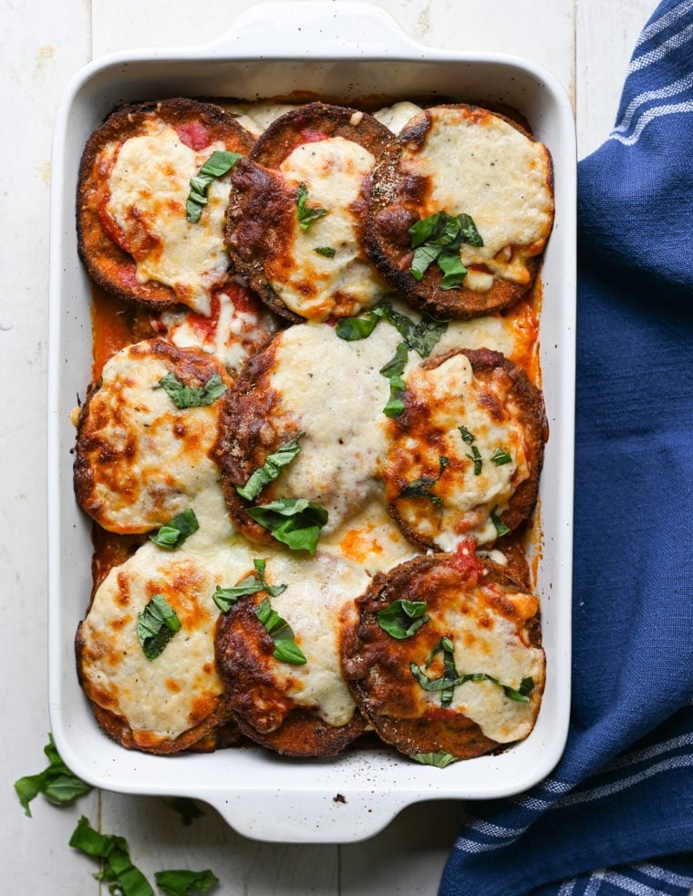 Eggplant parmesan in a baking pan.