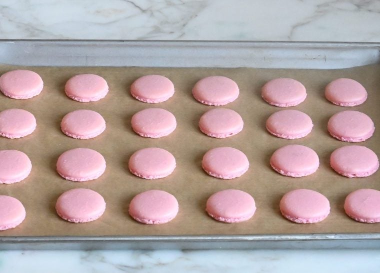 baked macaron shells on baking sheet