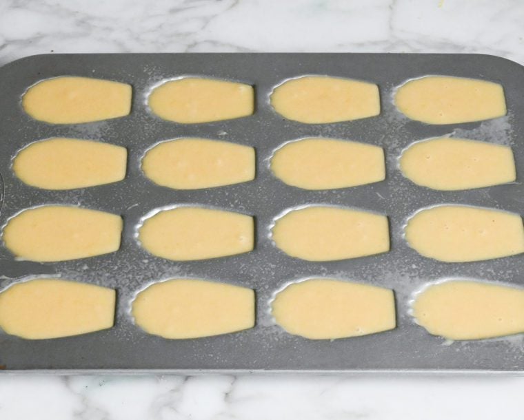 madeleine batter in pan ready to bake