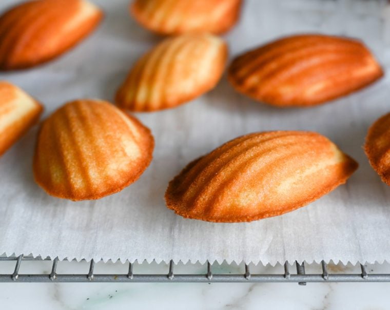 Madeleines on a lined wire rack.