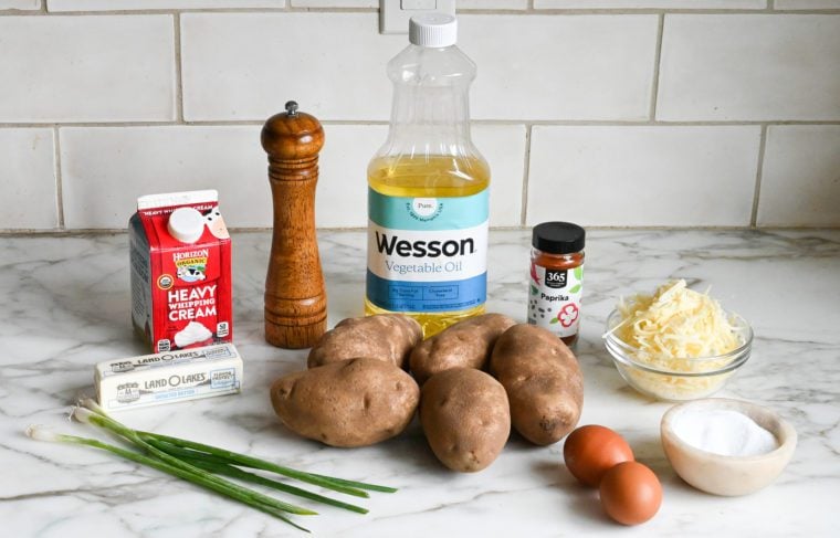 Potato ingredients including eggs, heavy cream, and vegetable oil.
