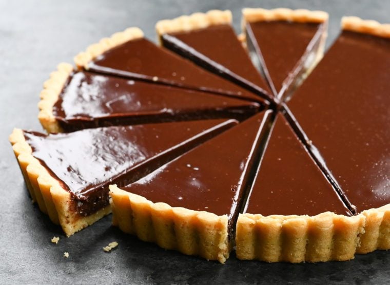 Sliced chocolate tart.