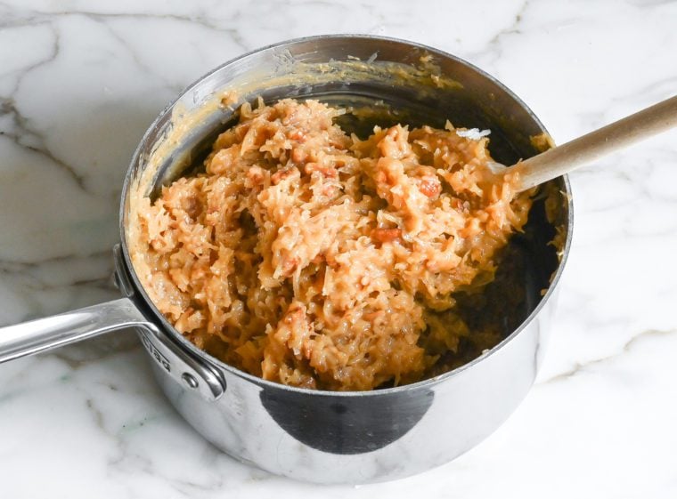 coconut pecan frosting cooling in pot
