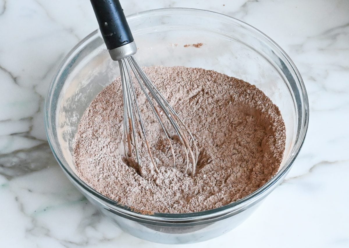 whisked dry ingredients for german chocolate cake in bowl