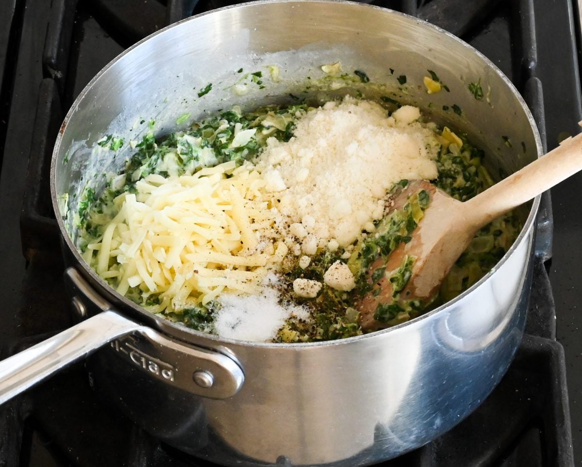 adding the cheeses, salt and pepper