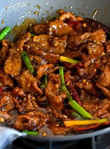 Mongolian beef in a wok.
