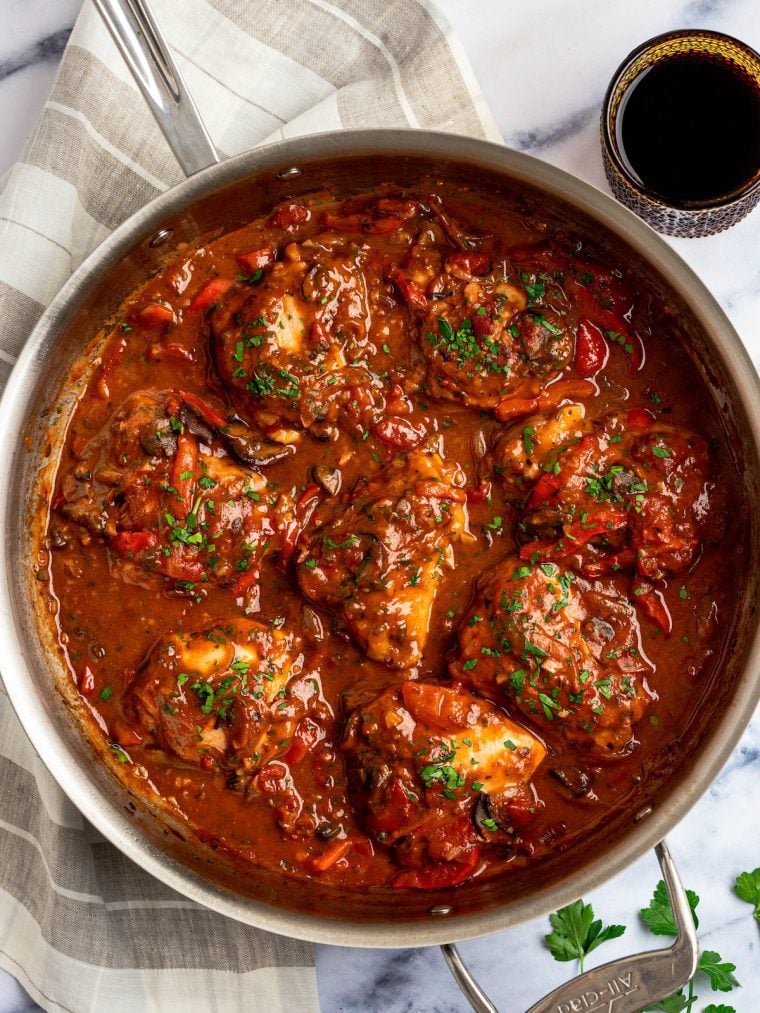 Skillet of chicken cacciatore.