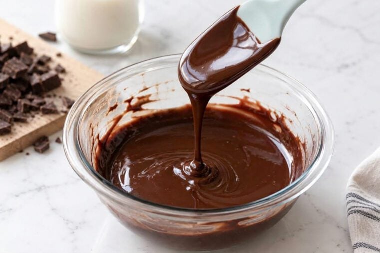 Drizzling chocolate ganache in bowl