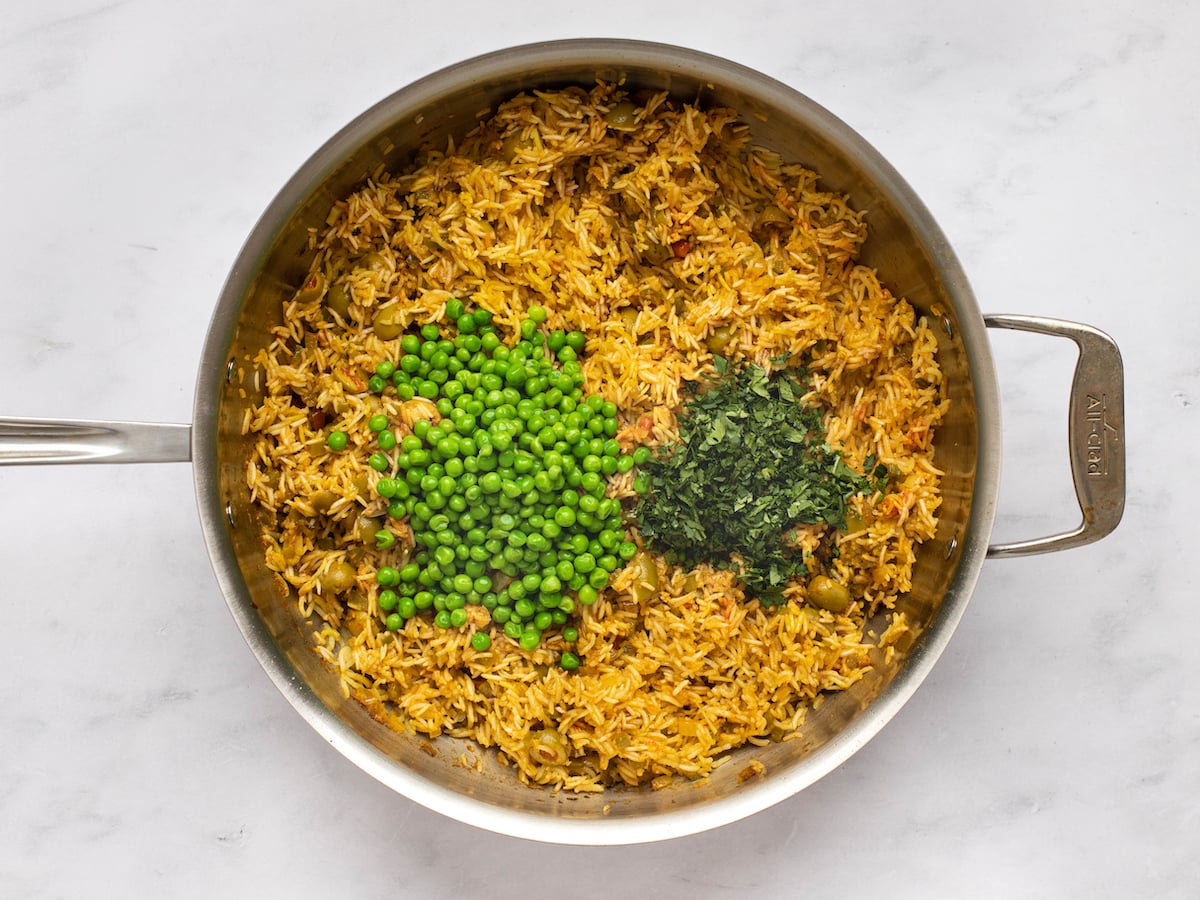 adding peas and cilantro