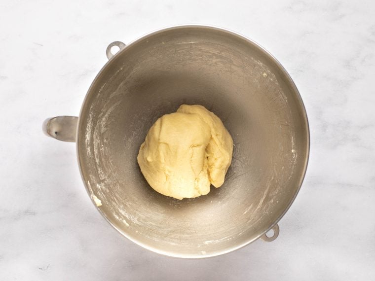 kneaded dough in mixing bowl