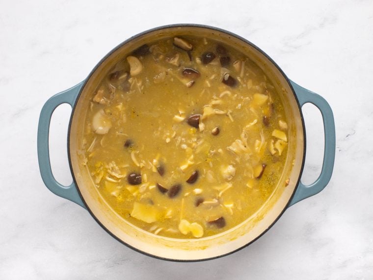 broth and mushrooms in pot