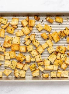 homemade croutons on baking sheet