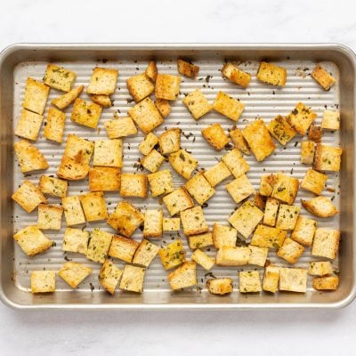 homemade croutons on baking sheet