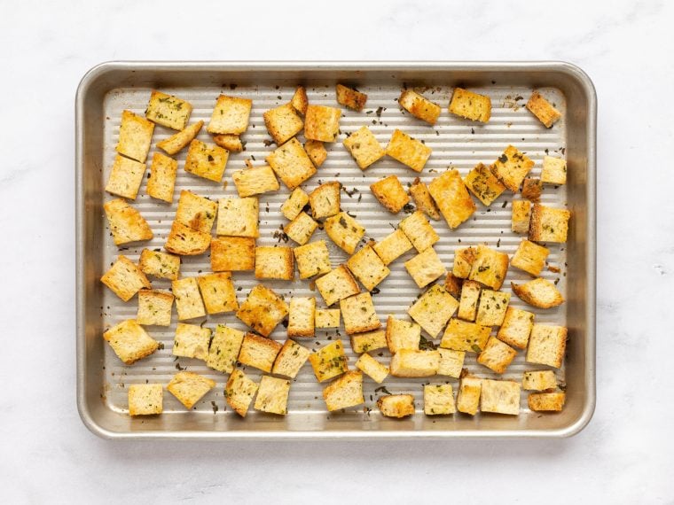 homemade croutons on baking sheet