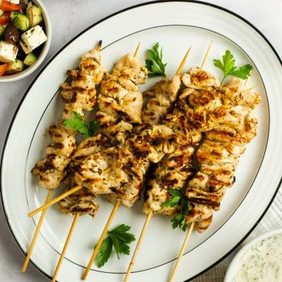 Souvlaki on a serving platter.