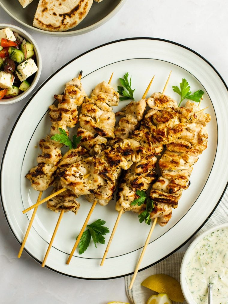 Souvlaki on a serving platter.