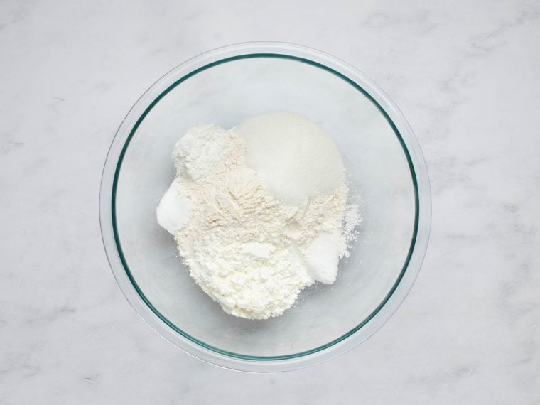 dry ingredients for waffles in bowl.