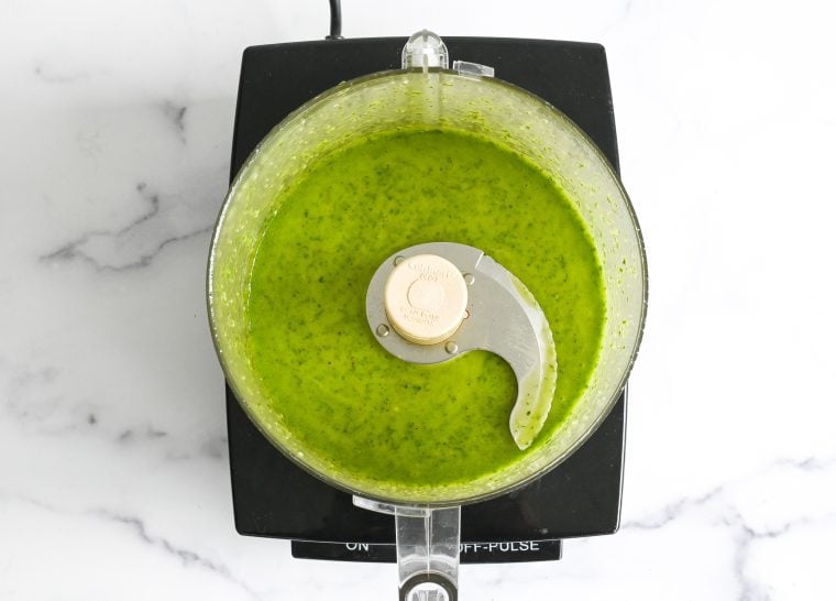 puréed basil vinaigrette in food processor