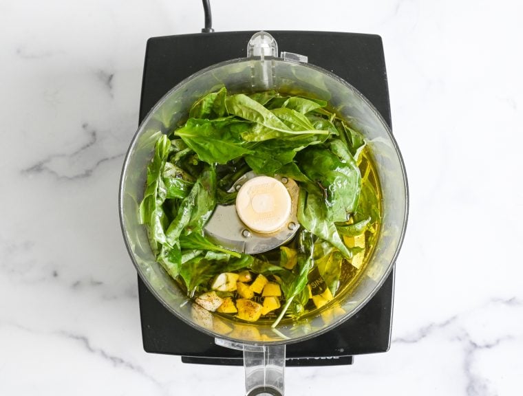basil vinaigrette components in food processor