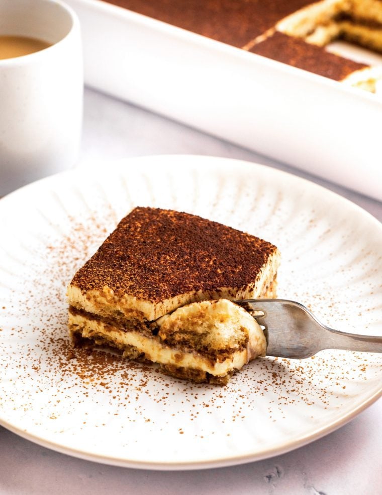Slice of tiramisu on plate.