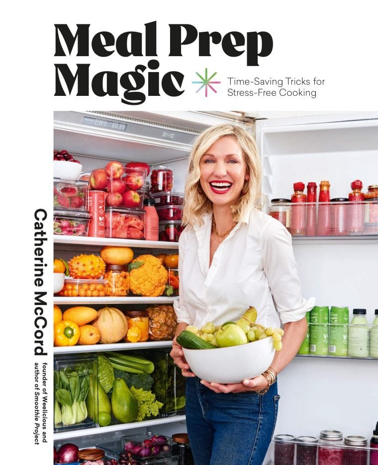 Cover of the book "Meal Prep Magic" showing a smiling woman at a colorfully-filled refrigerator.
