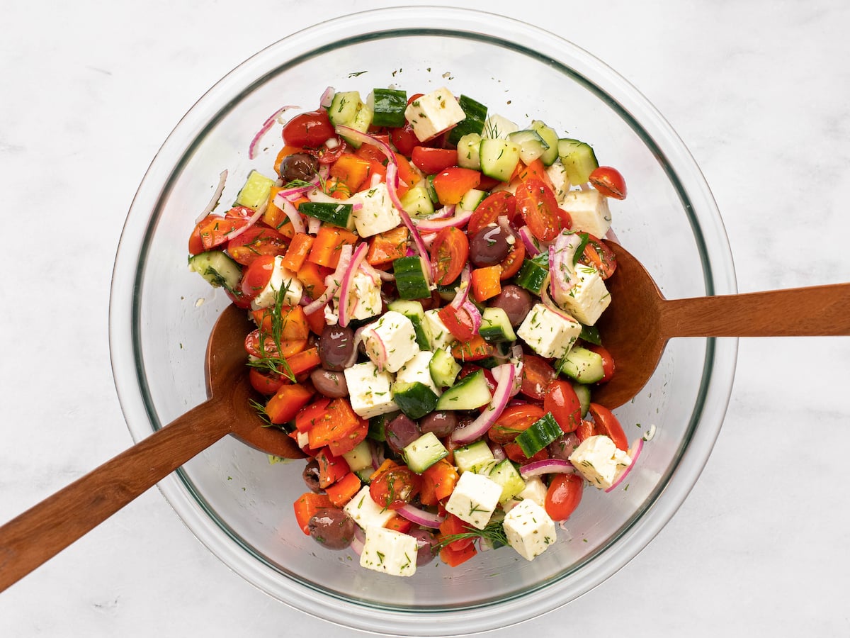 All Greek salad ingredients tossed together.