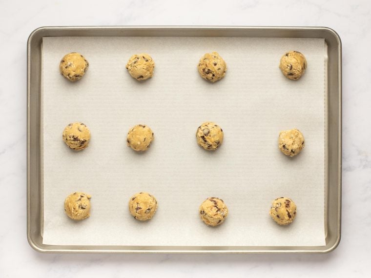dough balls on baking sheet spaced about 2 inches apart