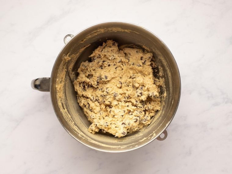 chocolate chips mixed into cookie dough