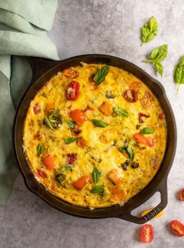 baked frittata garnished with basil