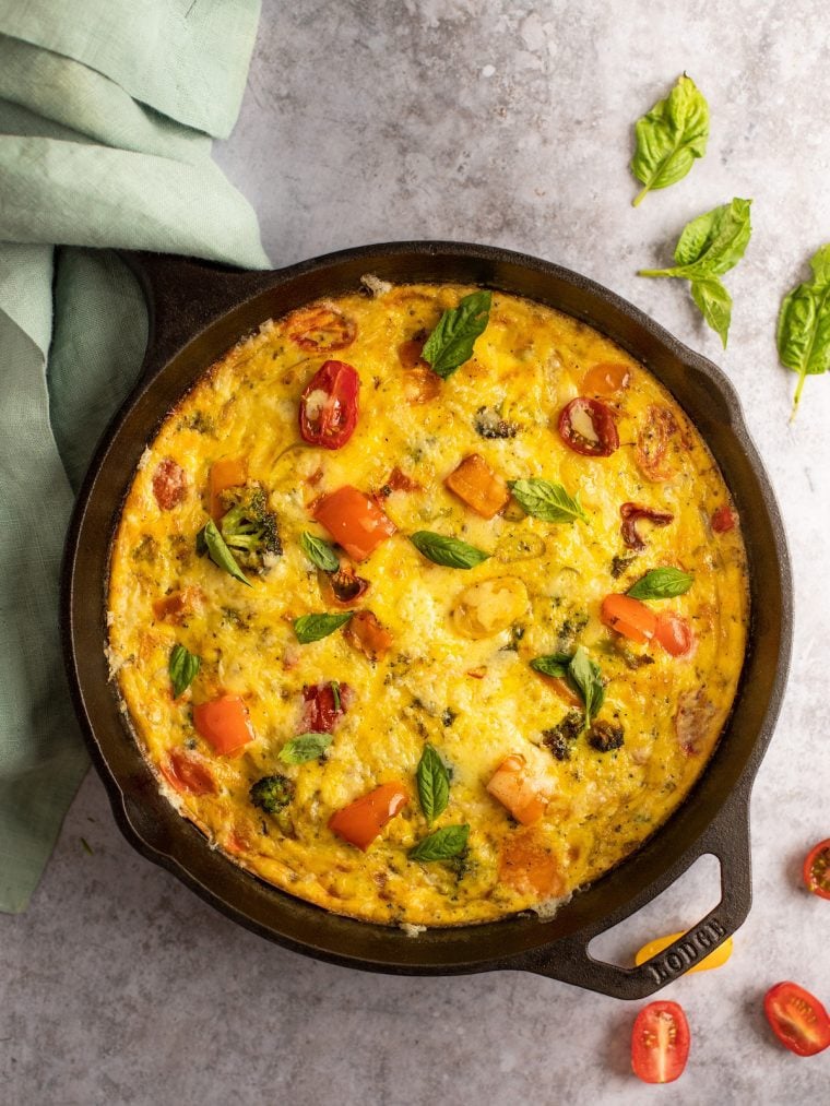 baked frittata garnished with basil