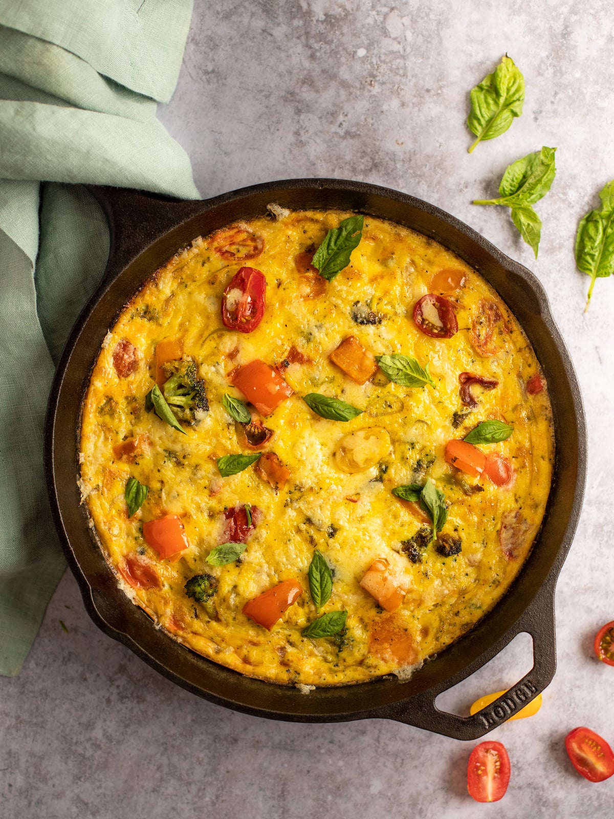 baked frittata garnished with basil