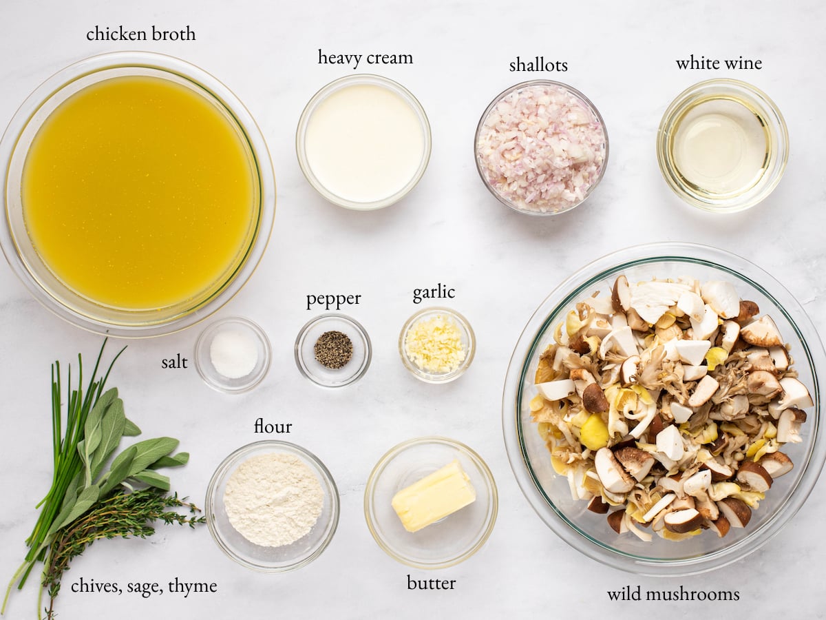 Soup ingredients including wild mushrooms, heavy cream, and shallots.