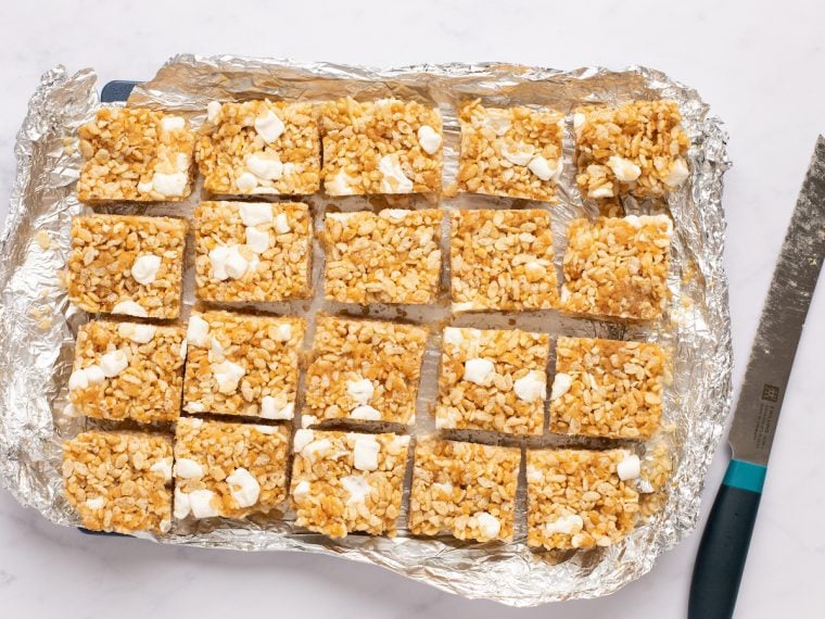 Rice Krispie treats cut into squares