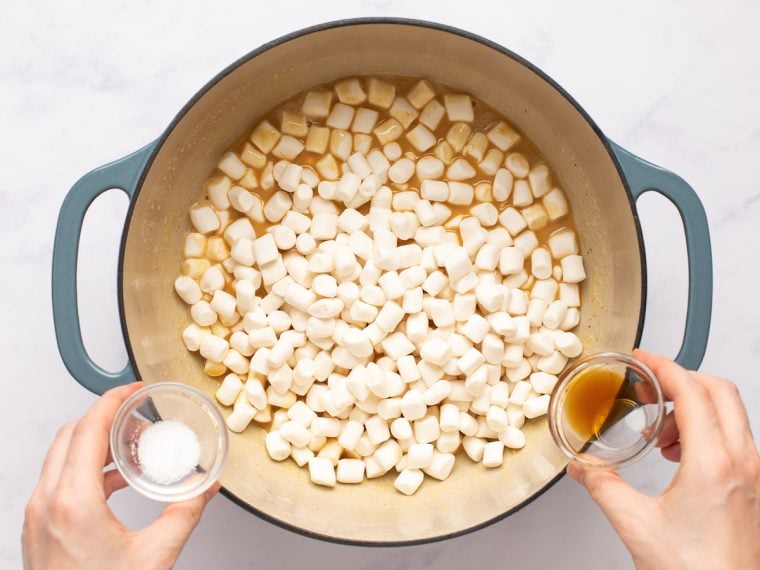 marshmallows, vanilla and salt added to dutch oven