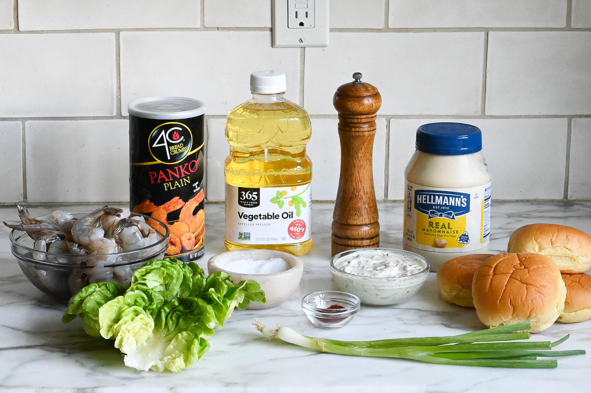 Ingredients to make shrimp burgers.