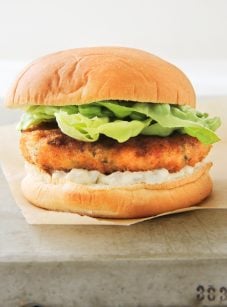 Shrimp burger on parchment paper.